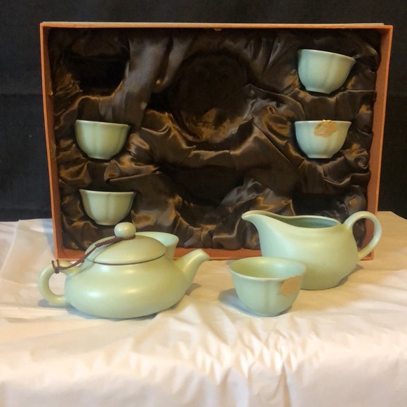 Chinese tea-set in original box; fine ceramic in gorgeous Jade green color - Picture 4 of 9